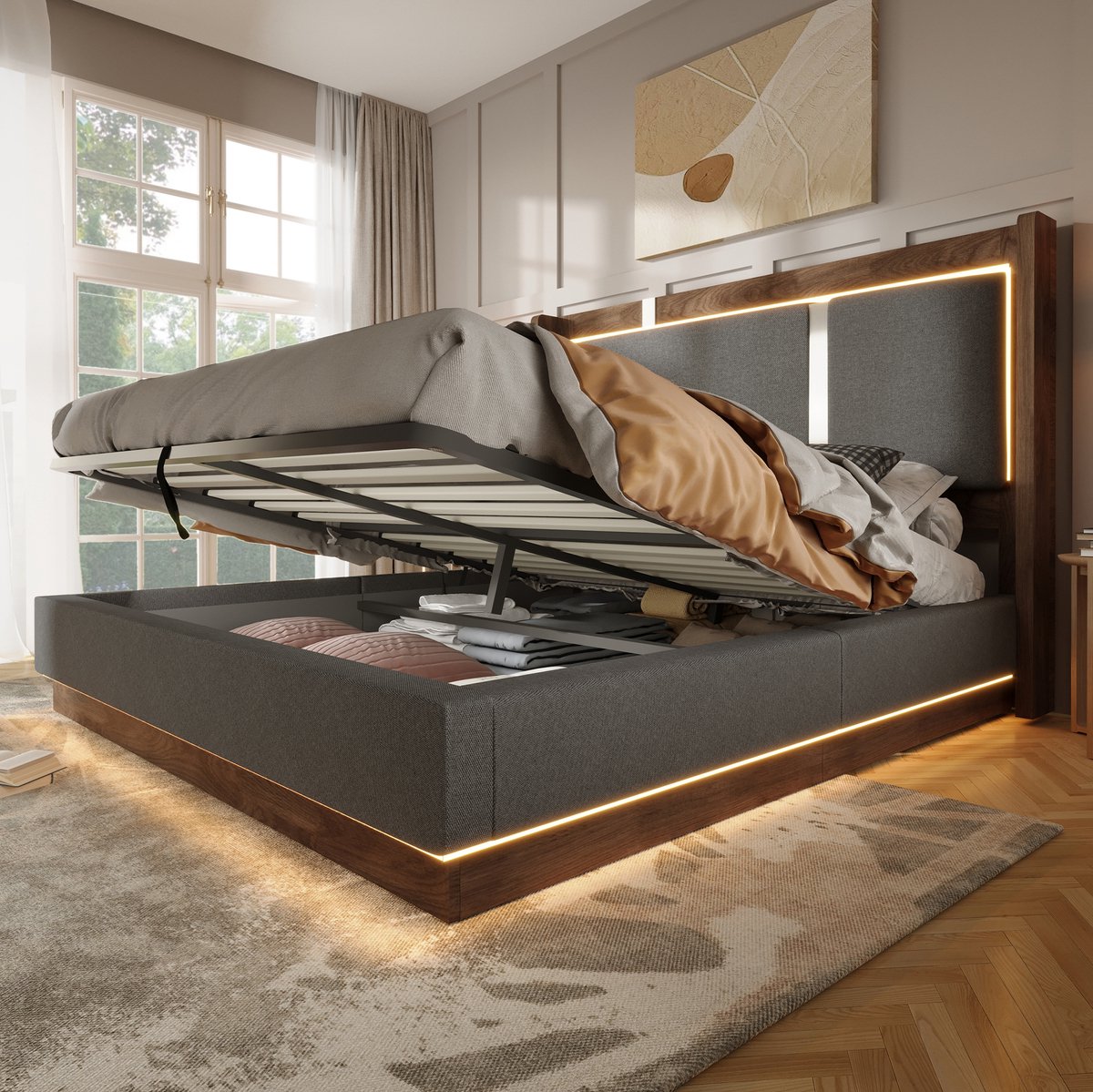 MEUNIQ Tweepersoons bedframe 180 x 200 cm met lattenbodem, hydraulische opbergruimte, LED-verlichting en gestoffeerd hoofdbord voor slaapkamer, grijs/walnoot
