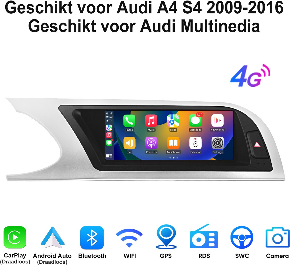 Junsun Autoradio Geschikt voor Audi A4 S4 2009-2016 Geschikt voor Audi Multinedia Accessories - Android 15 - 8.8'' - 6 GB + 128 GB - Draadloze CarPlay & Andriod Auto - GPS-navigatiesysteem - Bluetooth - Stuurwielbediening - 4G - RDS - DSP
