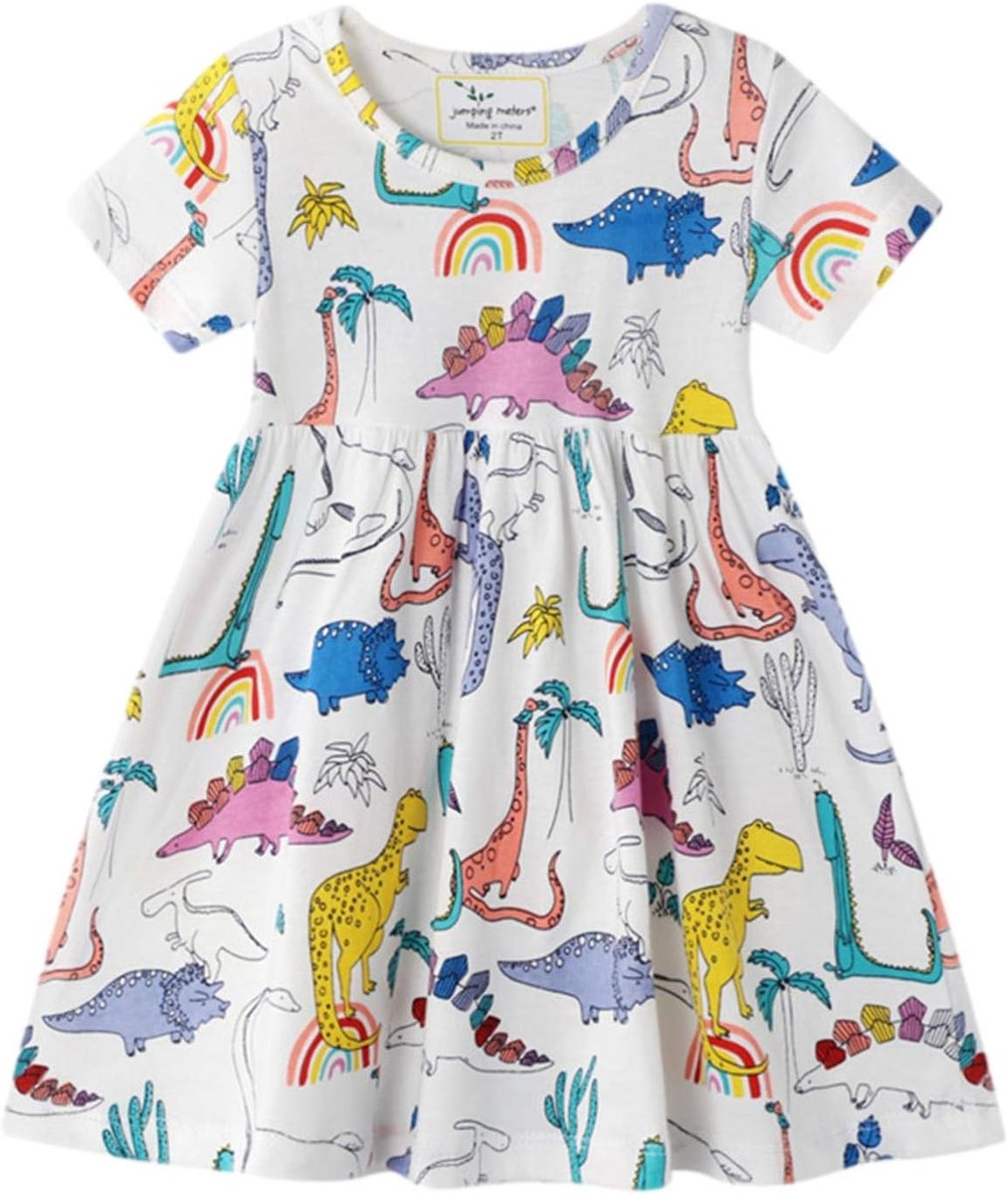 Jurken voor meisjes: T-shirt model met lange of korte mouwen van katoen, casual design met cartoon dieren en bloemenpatroon, geschikt als prinsessenjurk
