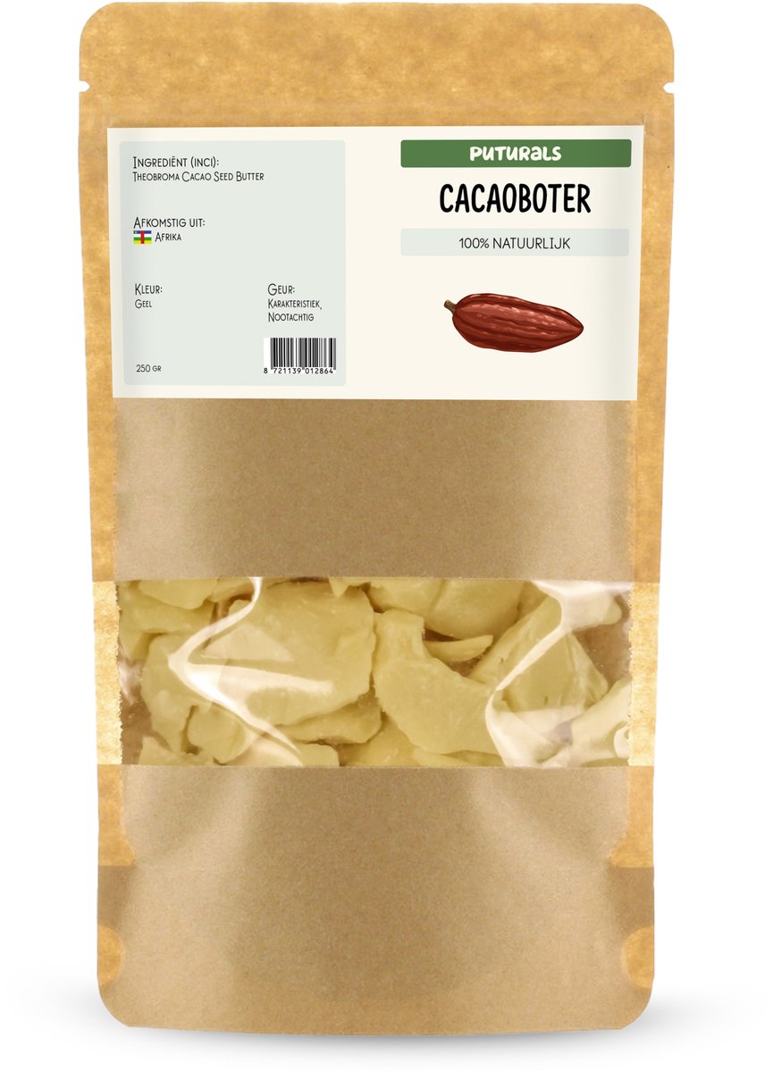 Puturals Cacao Boter - 250gr - 100% Natuurlijk & Puur - Cacao Butter Rijk aan antioxidanten en Natuurlijke Vetzuren - Intens Voedend & Hydraterend - Cacao Butter Voor Huid, Haar & lichaam