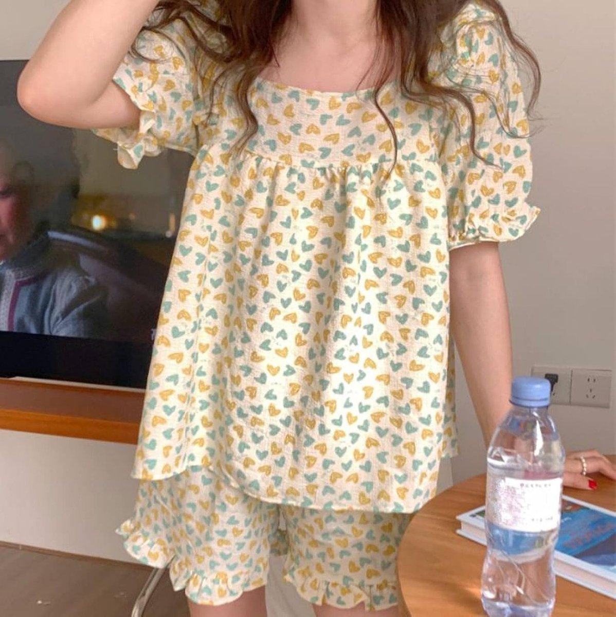 Pyjama'S Met Lange Mouwen En Ronde Hals - Zoete Liefde Kleine Frisse Ruches Nachtkleding,Studenten Ademend Modieus Dagelijks Huiskleding,Eenvoudige Tender-Versie Lounge Stijlvol Slaapshirt Zust