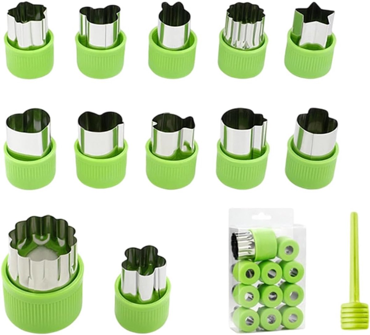 Uitstekers met reliëf – Roestvrij staal – Koekjesvormpjes – 12-delige set – Hulpmiddelen voor babyvoeding – Geschikt voor groente, fruit, koekjes, gebak en salades – Groen