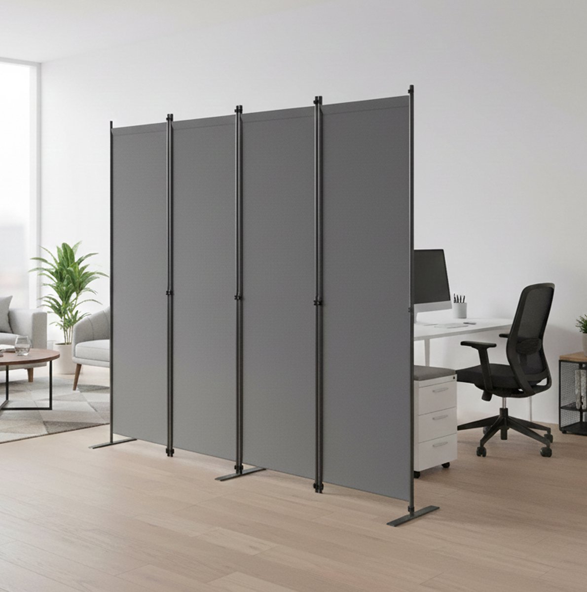 MEUNIQ Kamerscherm 4-delig 204 x 180 cm – opvouwbare vrijstaande roomdivider met metalen frame voor woonkamer, slaapkamer en kantoor, donkergrijs