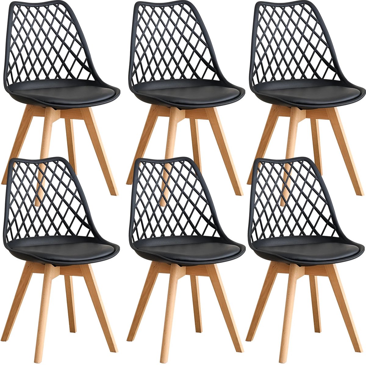 Gudalio Eetkamerstoelen - Set van 6 - Keukenstoelen - Scandinavische stijl - PU Gewatteerde Zitting - Houten poten - Zwart