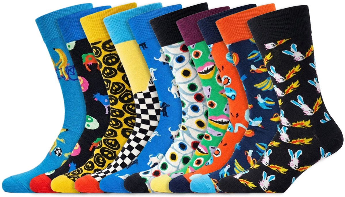 10 Paar – Happy Socks – Dames & Heren – Thema Grappig – Katoen – Meerkleurig