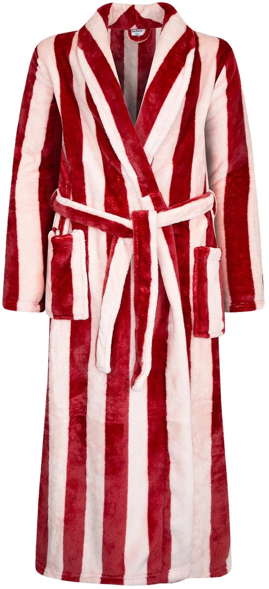 Gaubert® Gaubert Unisex Lange Fleece Badjas Met Sjaalkraag – Rood Gestreept