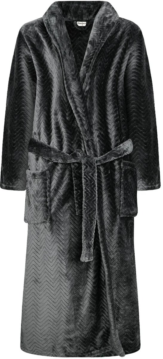 Gaubert® Gaubert Unisex Lange Fleece Badjas Met Sjaalkraag – Zwart Visgraat