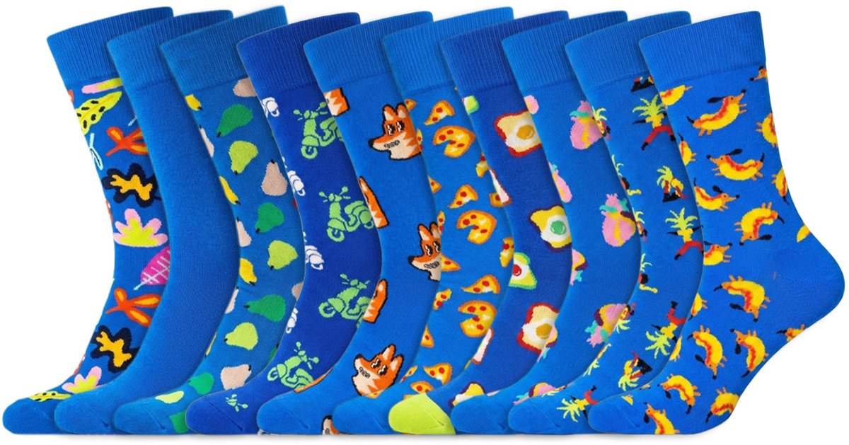 10 Paar – Happy Socks – Dames & Heren – Thema Blauw – Katoen – Diverse Printjes