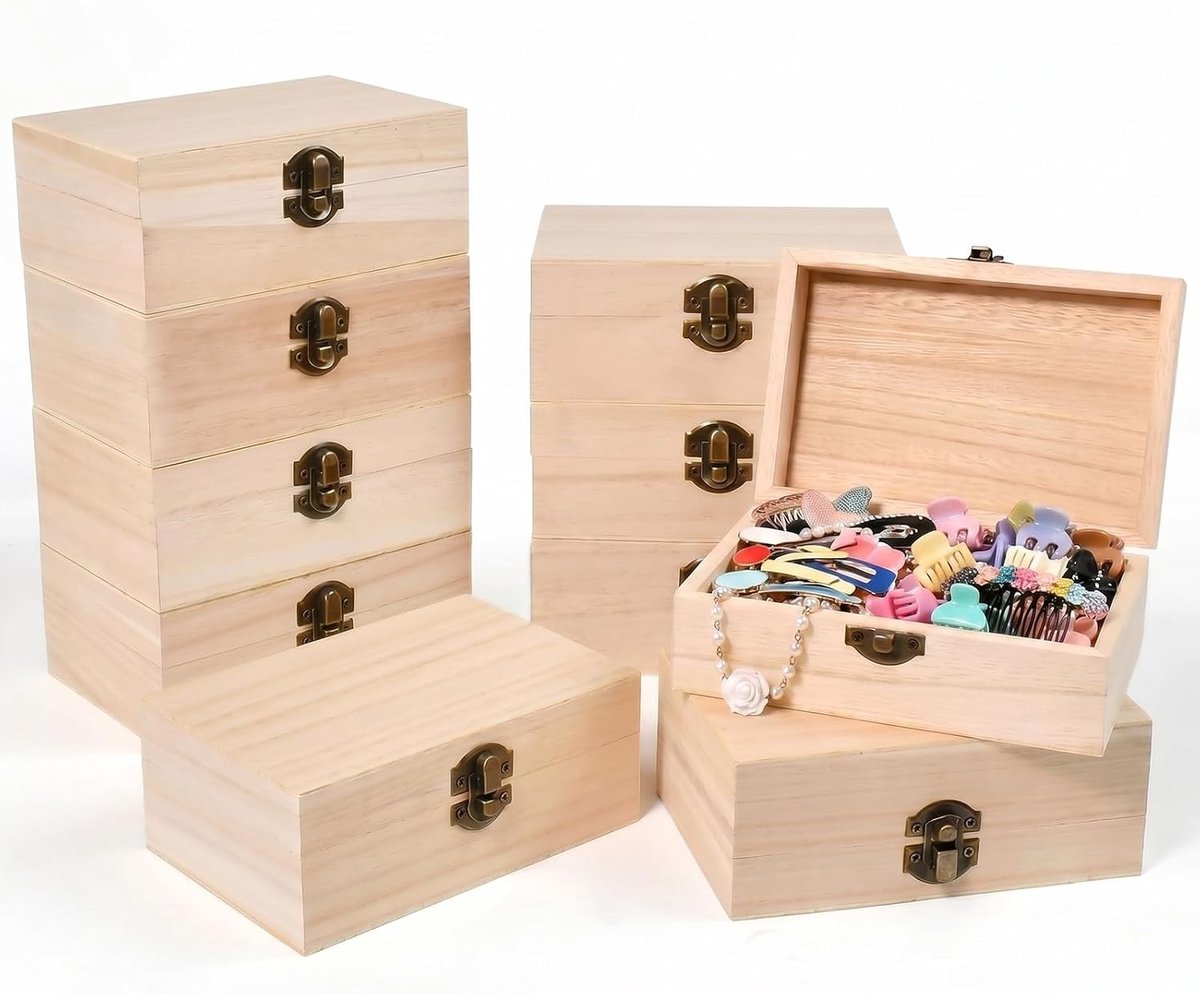 Houten schatkist - Natuurlijk Hout - 15 x 10 x 6 cm - Set van 10 Houten Opbergdozen met Deksel - Voor Creatief Opbergen en Decoreren