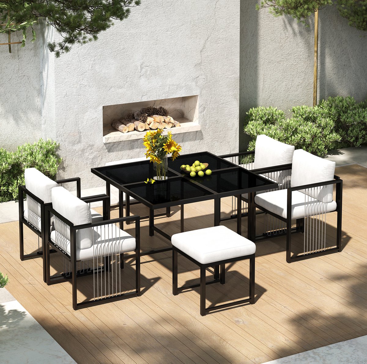 MEUNIQ 7-delige tuinset voor 6 personen met vierkante tafel van gehard glas, 4 armstoelen, 2 voetenbanken en afneembare kussens – zwart wit