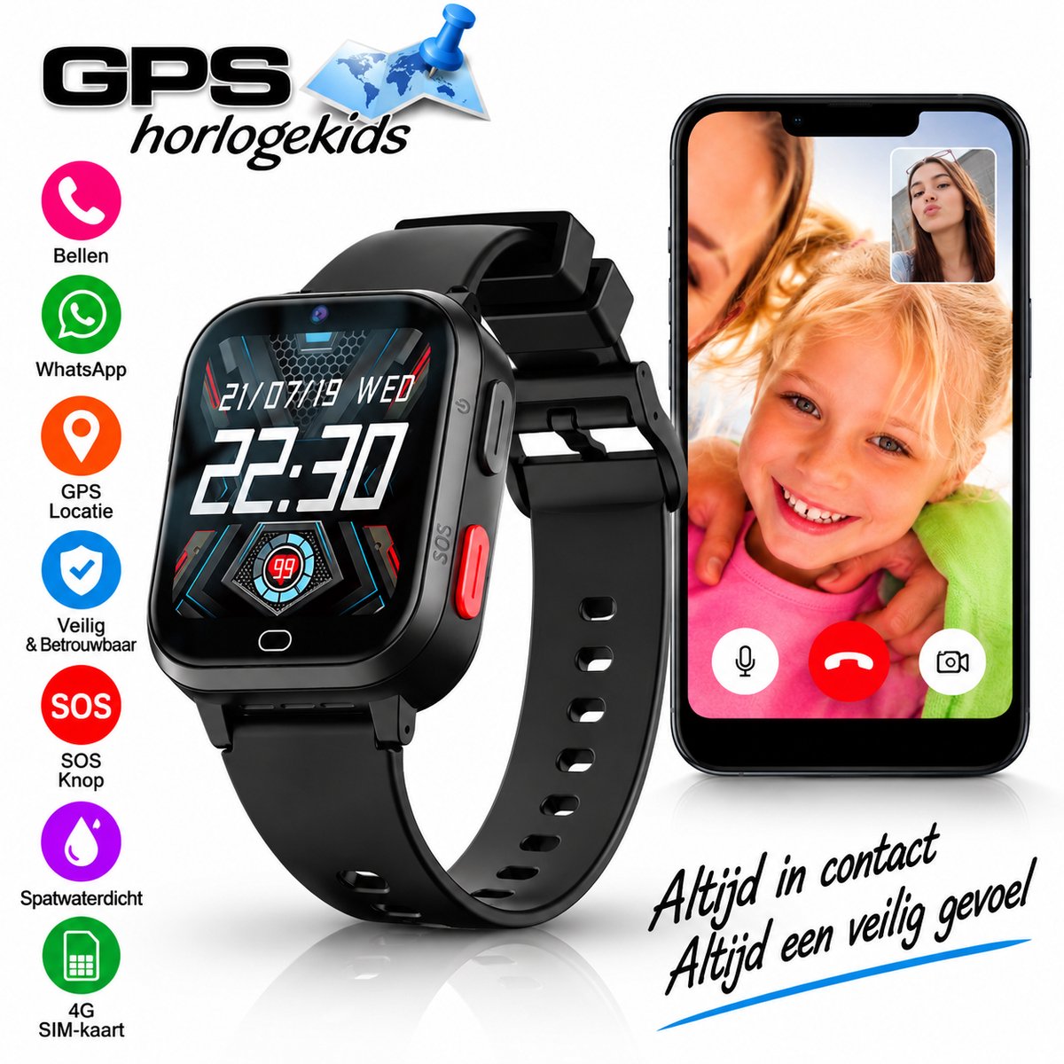 Bol.com GPSHorlogeKids© - GPS horloge kind - smartwatch kinderen - WhatsApp - 4G videobellen - spatwaterdicht - SOS alarm - SMS ... aanbieding