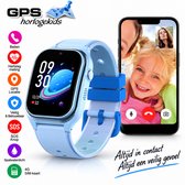Blauw GPS kinderhorloge met lichtblauwe band. Horloge toont 09:30, hartslag 32. Naast het horloge een smartphone met videocall.