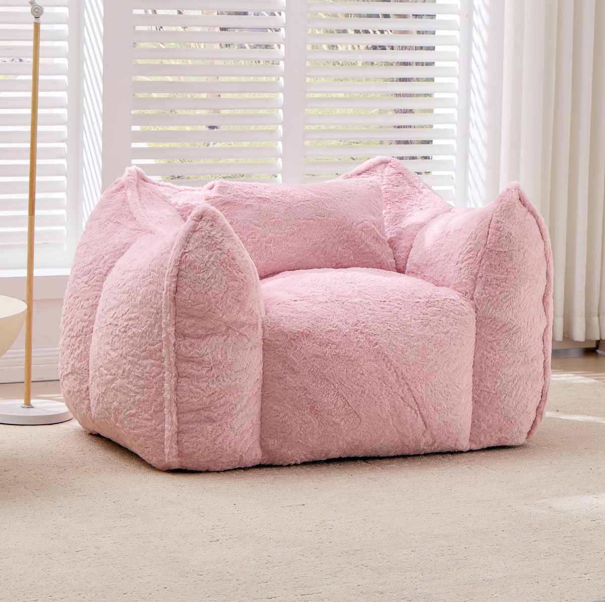DESMIU Zitzak 53 x 46 x 40 cm - Met Hoofdkussen - Zachte Imitatiebont Bekleding - Loungestoel Voor Woonkamer En Slaapkamer - Roze Pink