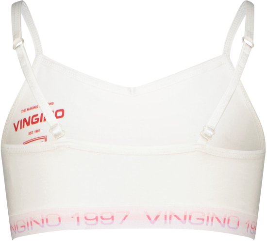 Achterkant van een witte top met logo band, VINGINO 1997 in roze letters.
