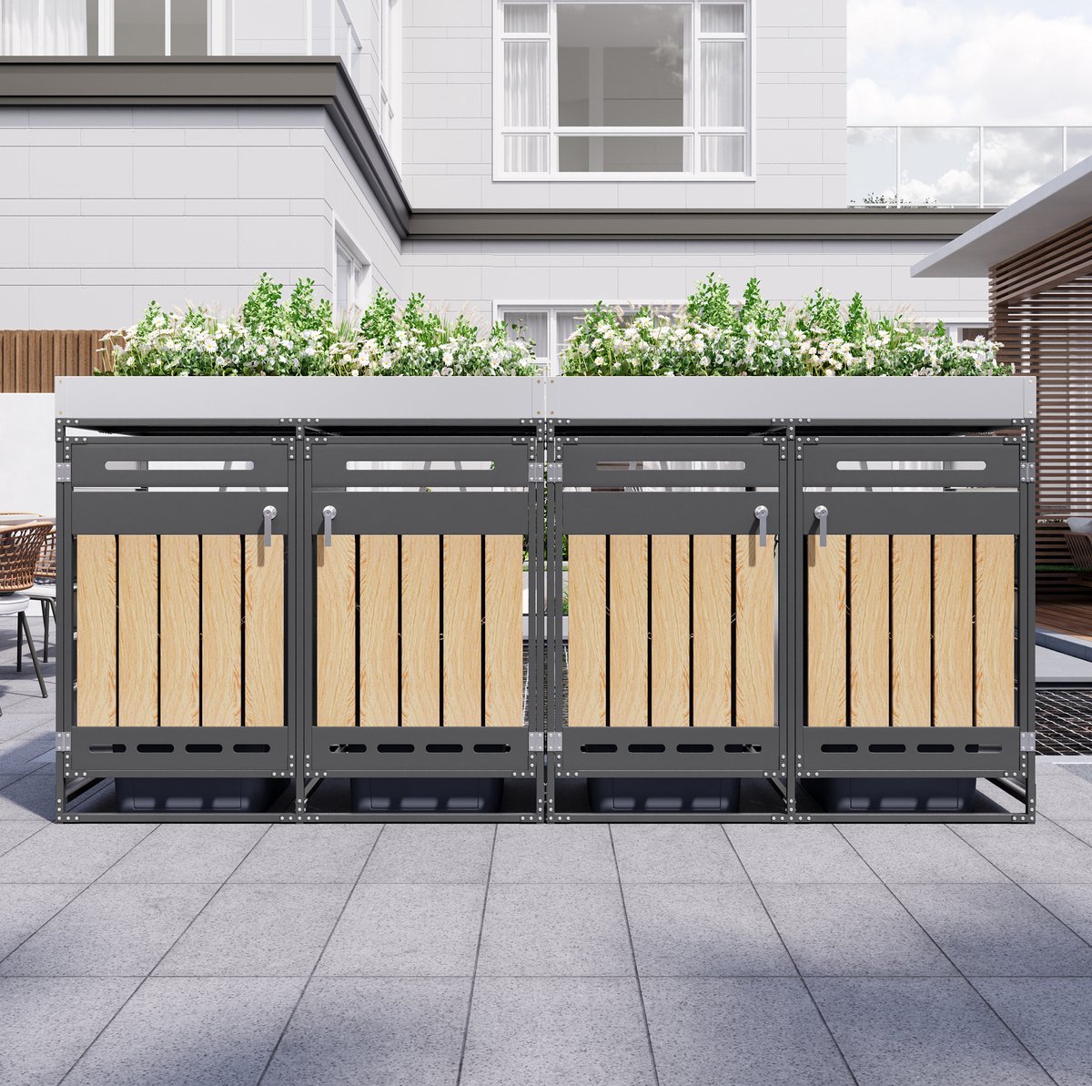 DESMIU Containerberging – Vier Vakken Met Plantenbak – 274 x 79 x 125 cm – Metaal – Zwart – Afsluitbaar Voor Buiten – Ventilatie