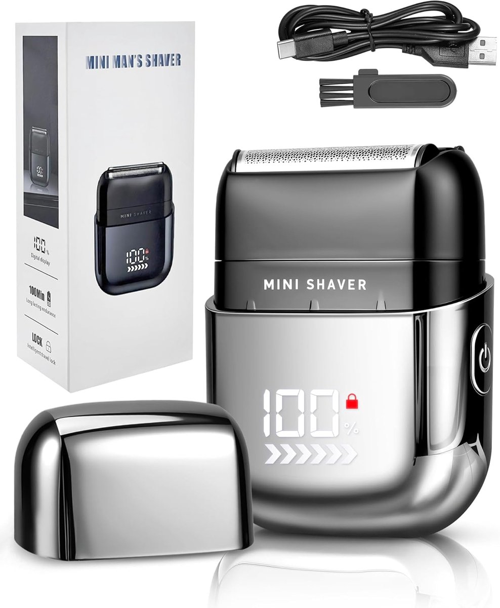 Elektrisch scheerapparaat voor heren - IPX7 waterdicht mini foil shaver met USB-C, 120 minuten looptijd en led-display, droog/scheerschuim, draagbaar voor reizen, baard en gezicht
