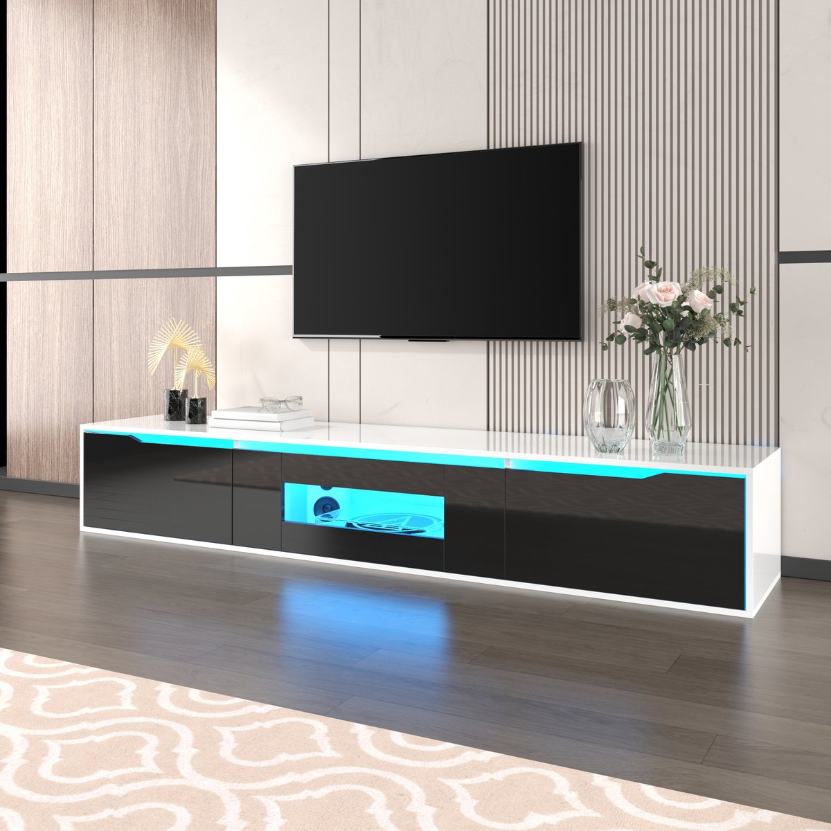 MEUNIQ TV-meubel 180 cm zwart-wit hoogglans met geribbelde fronten, LED-verlichting met 16 kleuren en 4 lichtmodi, wandmontage voor woonkamer