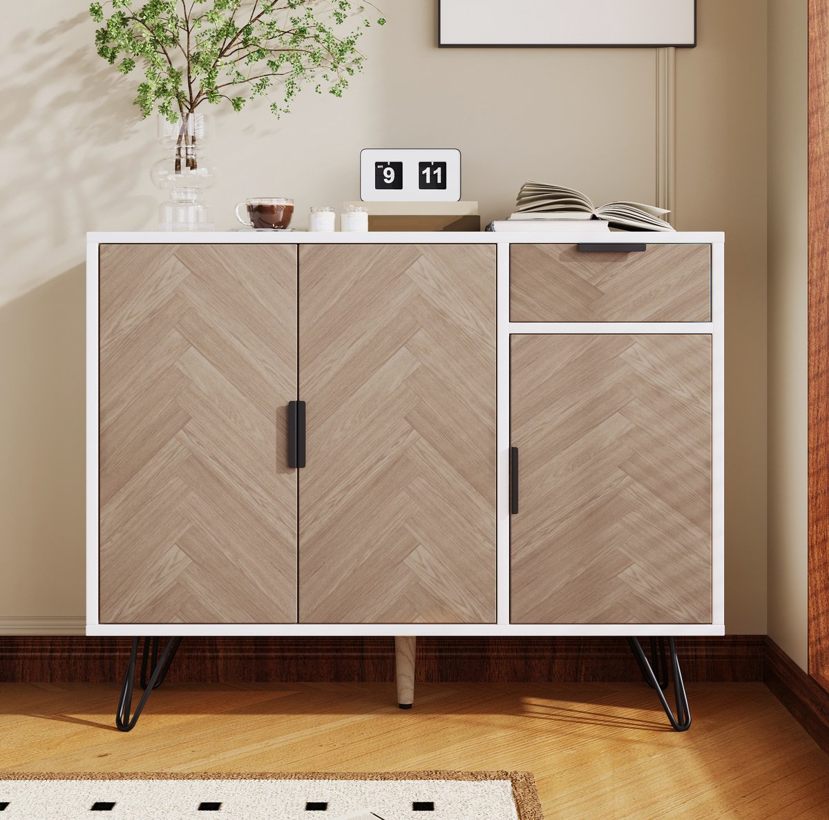 MEUNIQ Opbergkast sideboard 90 x 30 x 71,5 cm met lade, 3 deuren en verstelbare planken voor woonkamer, hal of slaapkamer - wit en houtoptiek