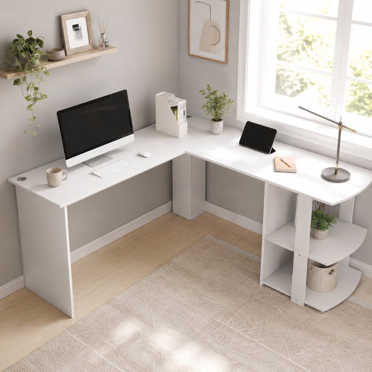 MEUNIQ L-vormig hoekbureau 140 x 140 cm met 2 open opbergplanken en 2 kabeldoorvoeren, werktafel voor thuiskantoor, wit
