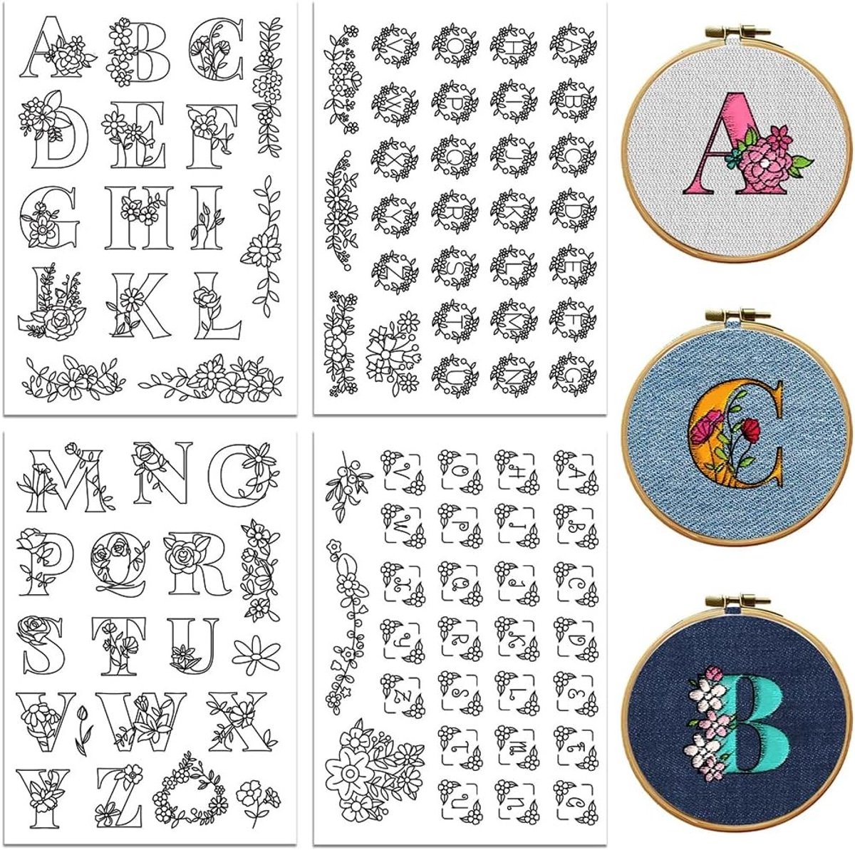 Wateroplosbaar Borduurpatroon voor Beginners, 4 Bladen met 94 Stukken, Borduurpapier, Waxstick en Handnaaiaccessoires voor Vrouwen en Borduurliefhebbers