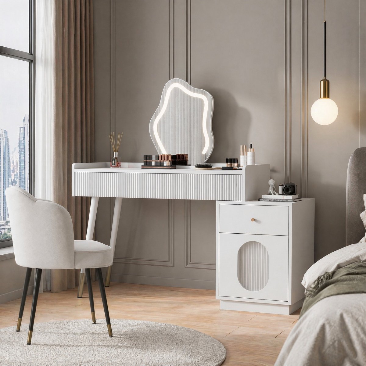 MEUNIQ Kaptafel met LED-spiegel en touchbediening, opberglades en zijkast, 100 x 40 x 75 cm, wit, voor slaapkamer en dagelijkse verzorging