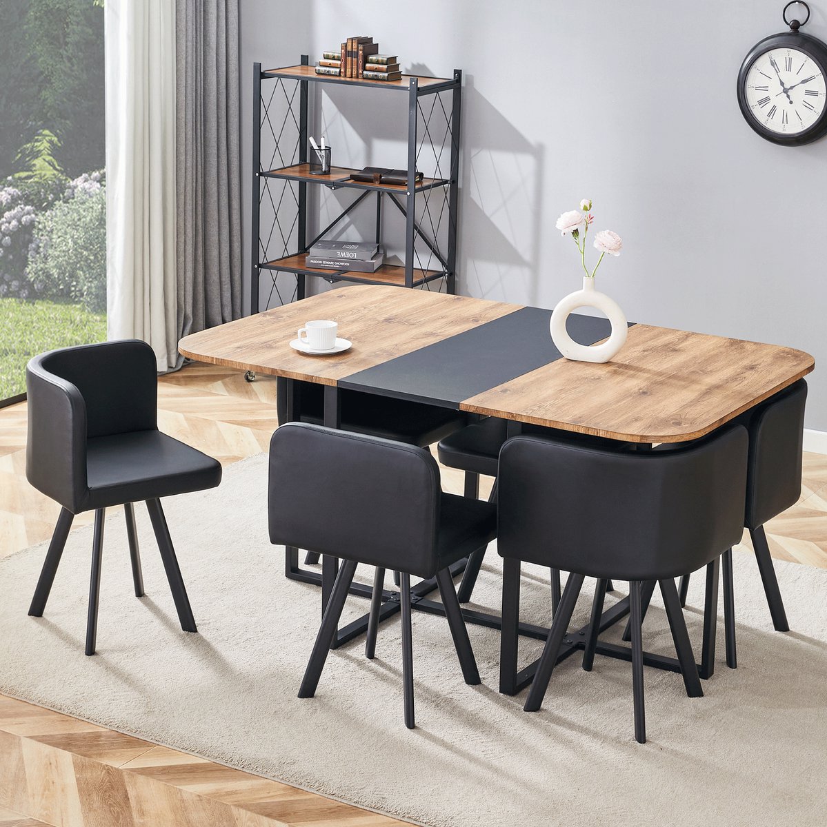 MODFU Eettafelset - Uitschuifbaar - Modern - MDF En Metaal - Zwart Met Houtlook - 6 Stoelen