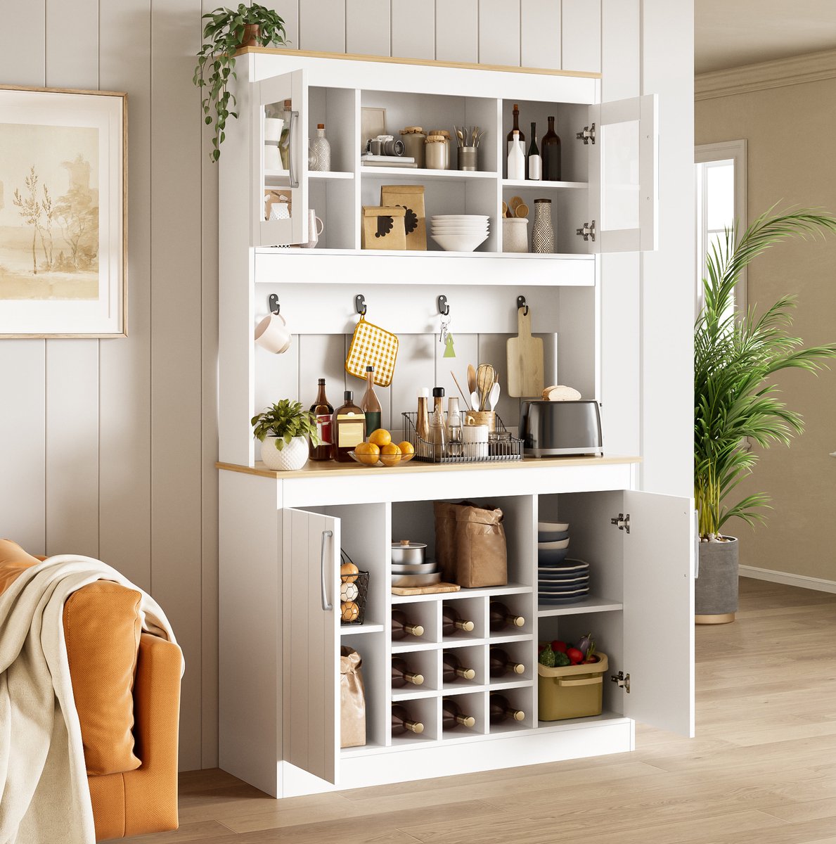 MEUNIQ Keukenkast met opzetkast 106 x 39 x 175 cm - buffetkast met glazen deuren, open vakken, wijnrek en hakenlijst voor keuken of eetkamer - wit naturel