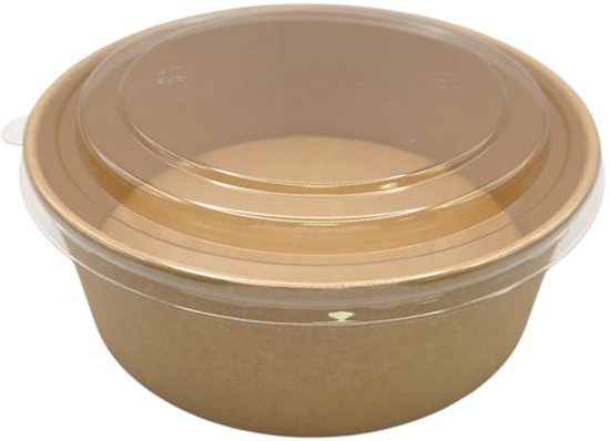 Bruine papieren saladebowl van 1300 ml met een transparante RPET-deksel.
