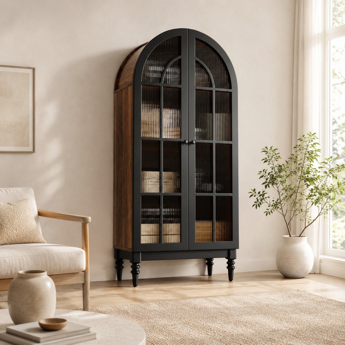 MEUNIQ Hoge vitrinekast 76 x 35,5 x 165 cm met dubbele glazen deuren en meerdere vakken – MDF opbergkast voor woonkamer, slaapkamer of hal – zwart