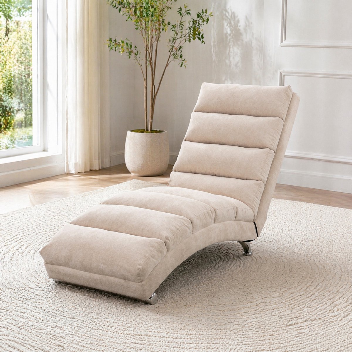MEUNIQ Vaste chaise longue met vibratiefunctie en zijvak - 148 x 55 x 84 cm - linnen bekleding, metalen poten, ergonomische rugleuning - beige