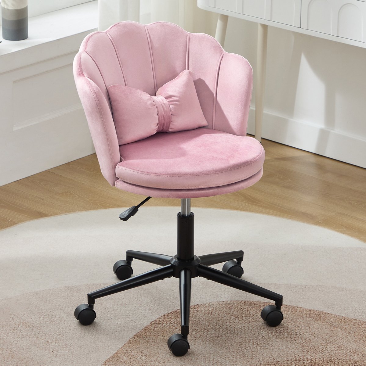 MEUNIQ Bureaustoel roze fluweel met in hoogte verstelbare zitting, 360° draaibaar, wielen en lendenkussen voor kantoor, slaapkamer of kaptafel