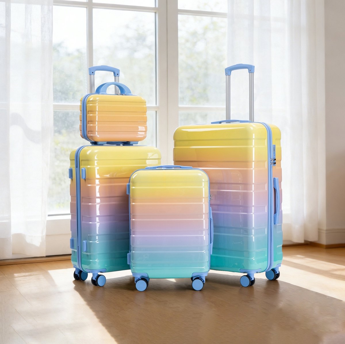 MEUNIQ 4-delig hardcase kofferset 14/20/24/28 inch van PC met cijferslot, 360° dubbele spinnerwielen, telescopische greep en toilettas, geel