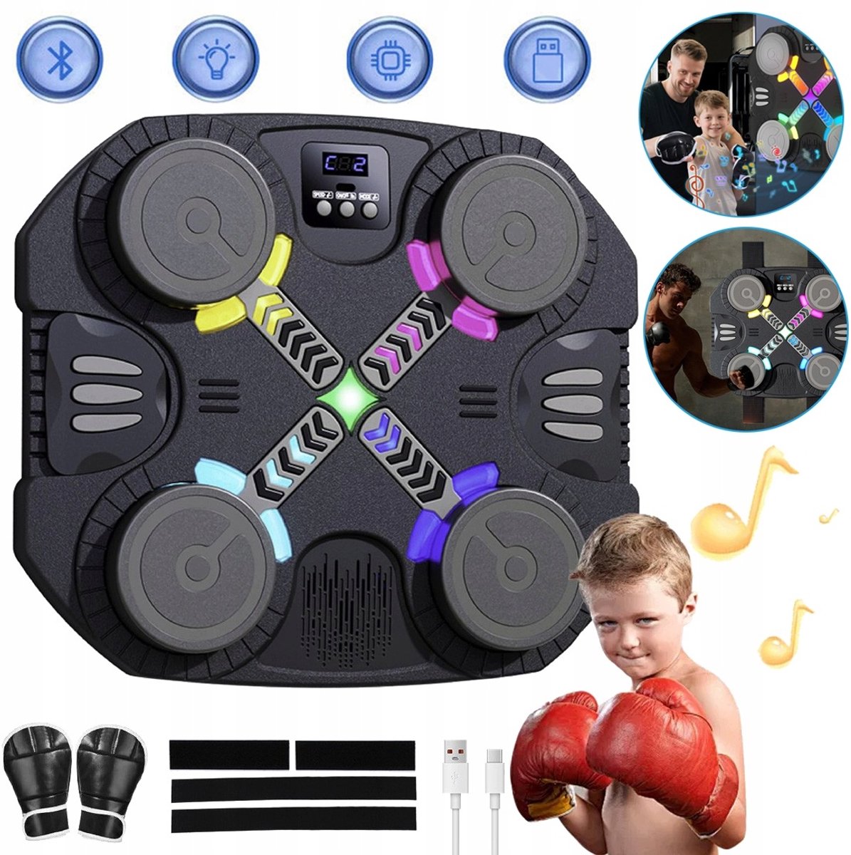 Bluetooth Muziekboksmachine Met LED-Verlichting En Stooteffecten – 2 Trainingsmodi En 5+6 Snelheidsinstellingen – Zeer Elastisch Schuimrubberen Doelwit – Wandmontage – Handschoenen Inbegrepen – Voor Kinderen En Volwassenen