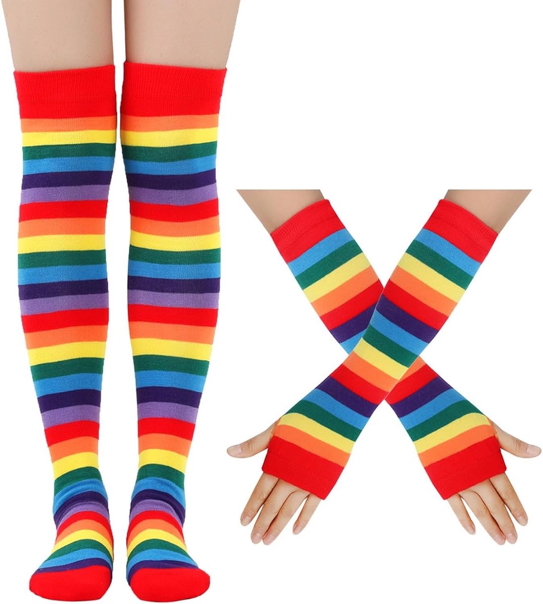 Gestreepte Overknee Sokken voor Dames en Meisjes - Lange Vingerloze Handschoenen voor Feestjes, Kerst en Halloween Thema's
