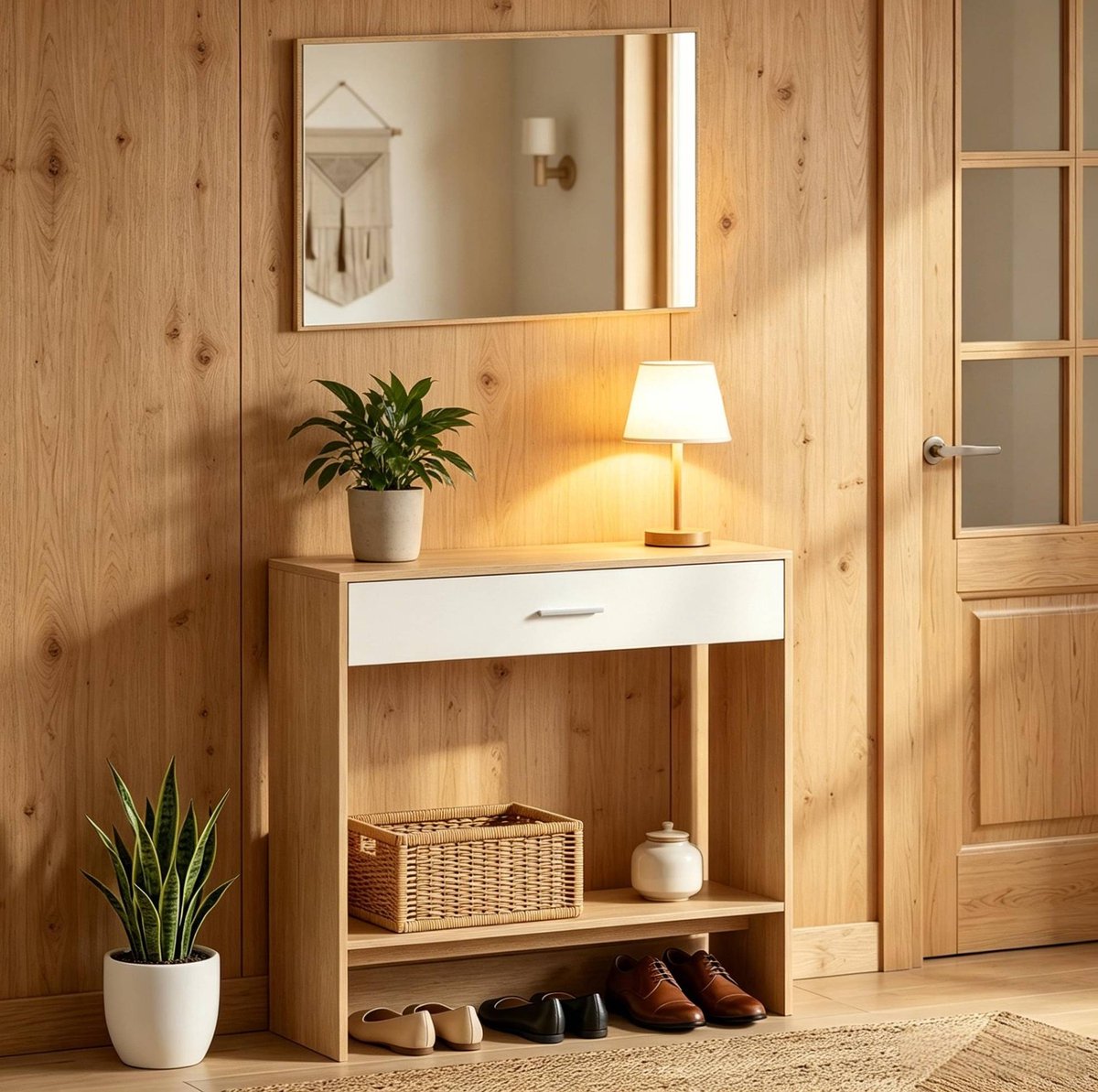 REDOM Kaptafel - Wandspiegel - Lade en open opbergvak - Moderne stijl - Hal - Spaanplaat - Eiken en wit - 91,5 x 27,9 x 85,5 cm Naturel