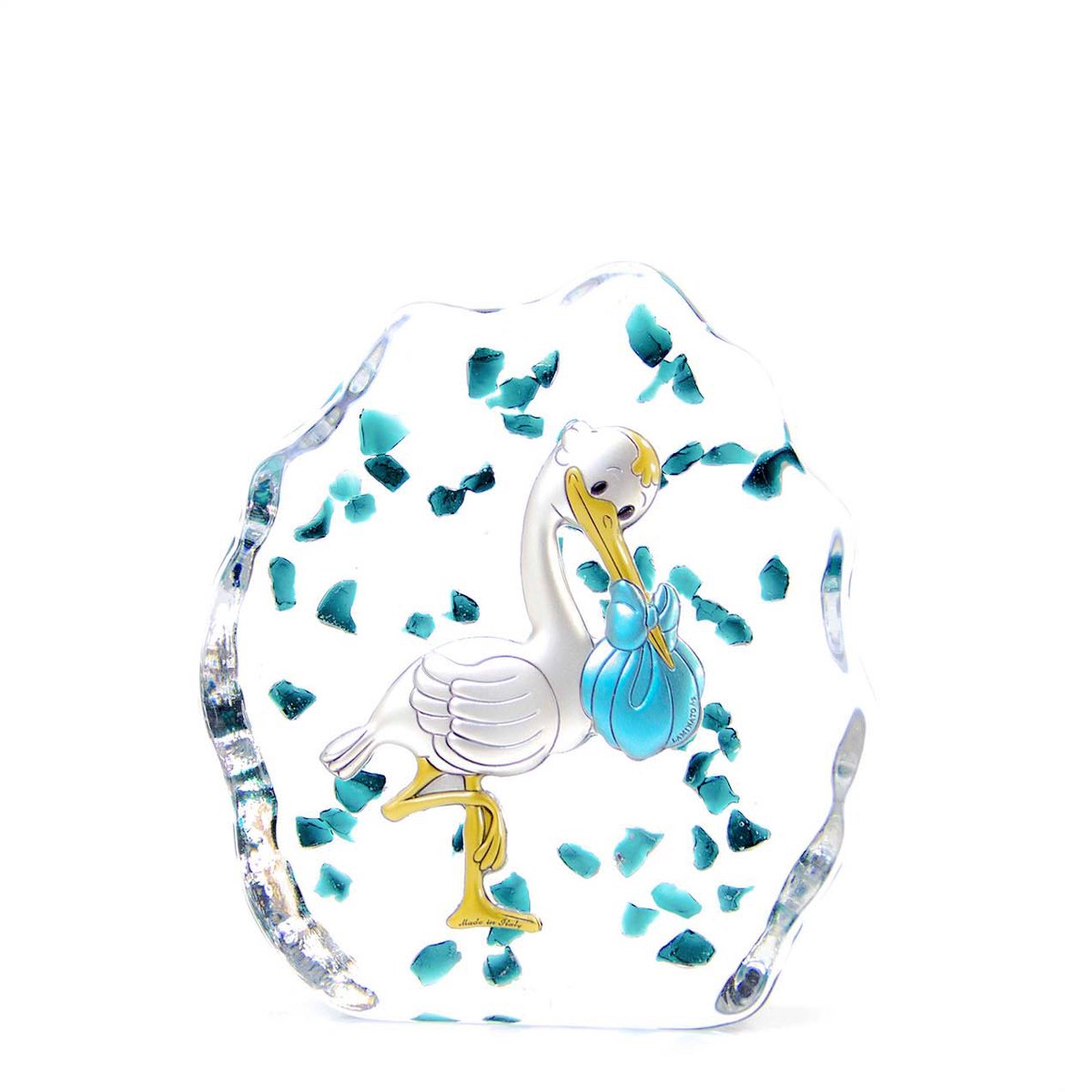 Glazen Geboortebeeld Ooievaar Blauw – Kraamcadeau - 12cm
