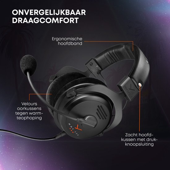 Zwarte Beyerdynamic MMX 330 PRO gaming headset met ergonomische hoofdband en fluwelen oorkussens.