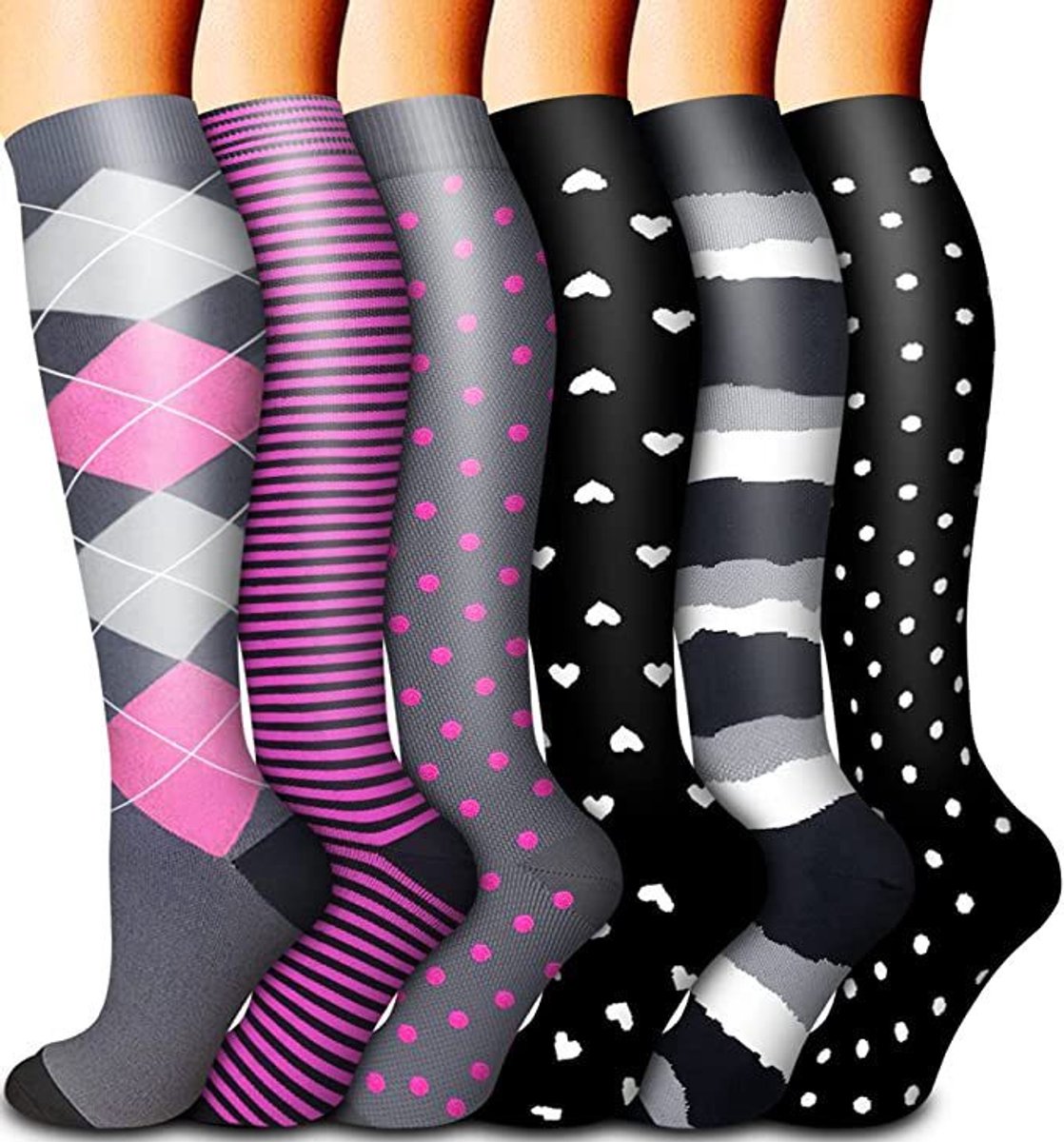 6-pack compressiekousen voor dames en heren - reizen en vliegsokken - hardlopen en fitness（L-XL） - Strepenpatronen