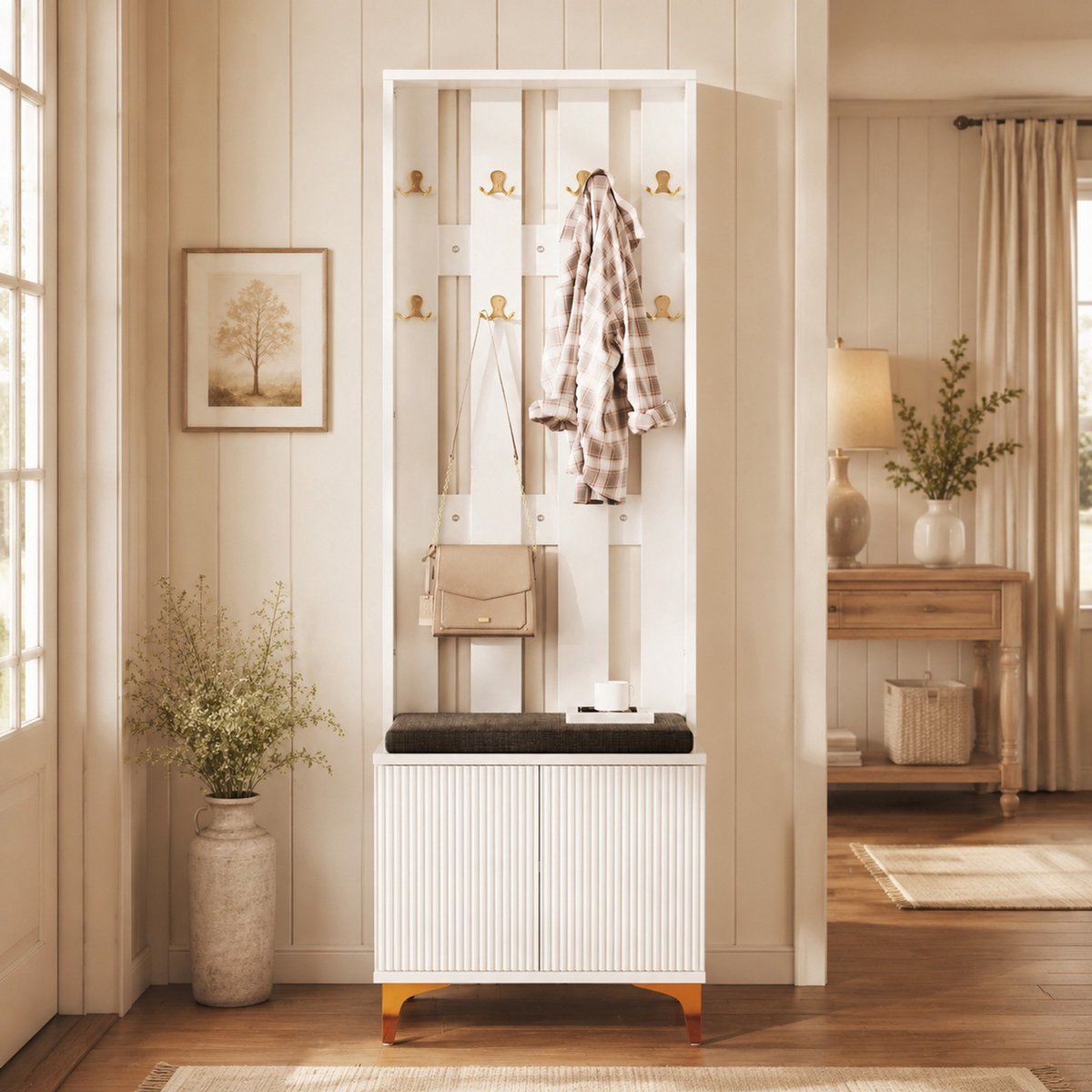 MEUNIQ Garderobeset met schoenenbank en grijs kussen – 60,5 x 35,2 x 180,5 cm – open kapstok, kast met deuren, verstelbare planken en gouden haken – Wit