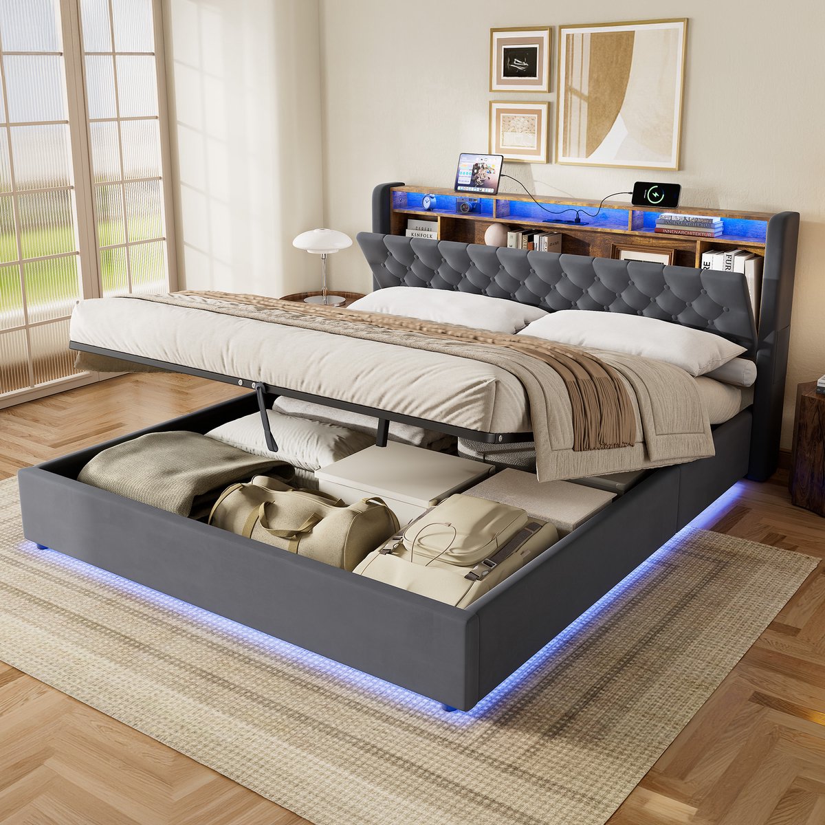 Wishdor Tweepersoonsbed 180x200 cm - Met hydraulische opbergruimte onder lattenbodem - Hoofdbord met opbergvakken, LED-verlichting en USB - Fluwelen stof - Donkergrijs - L 218,5 x B 190 x H 102 cm