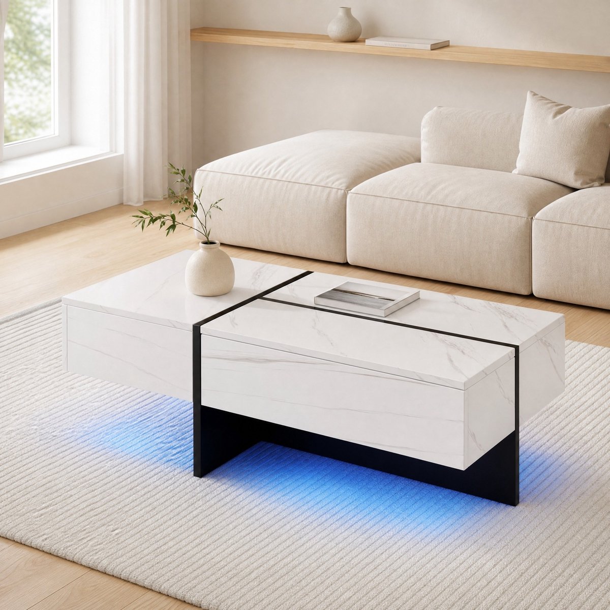 MEUNIQ Salontafel 100 x 50 x 34,5 cm met 3 lades, hoogglans marmereffect, app-gestuurde ledverlichting en zwart frame voor woonkamer, wit