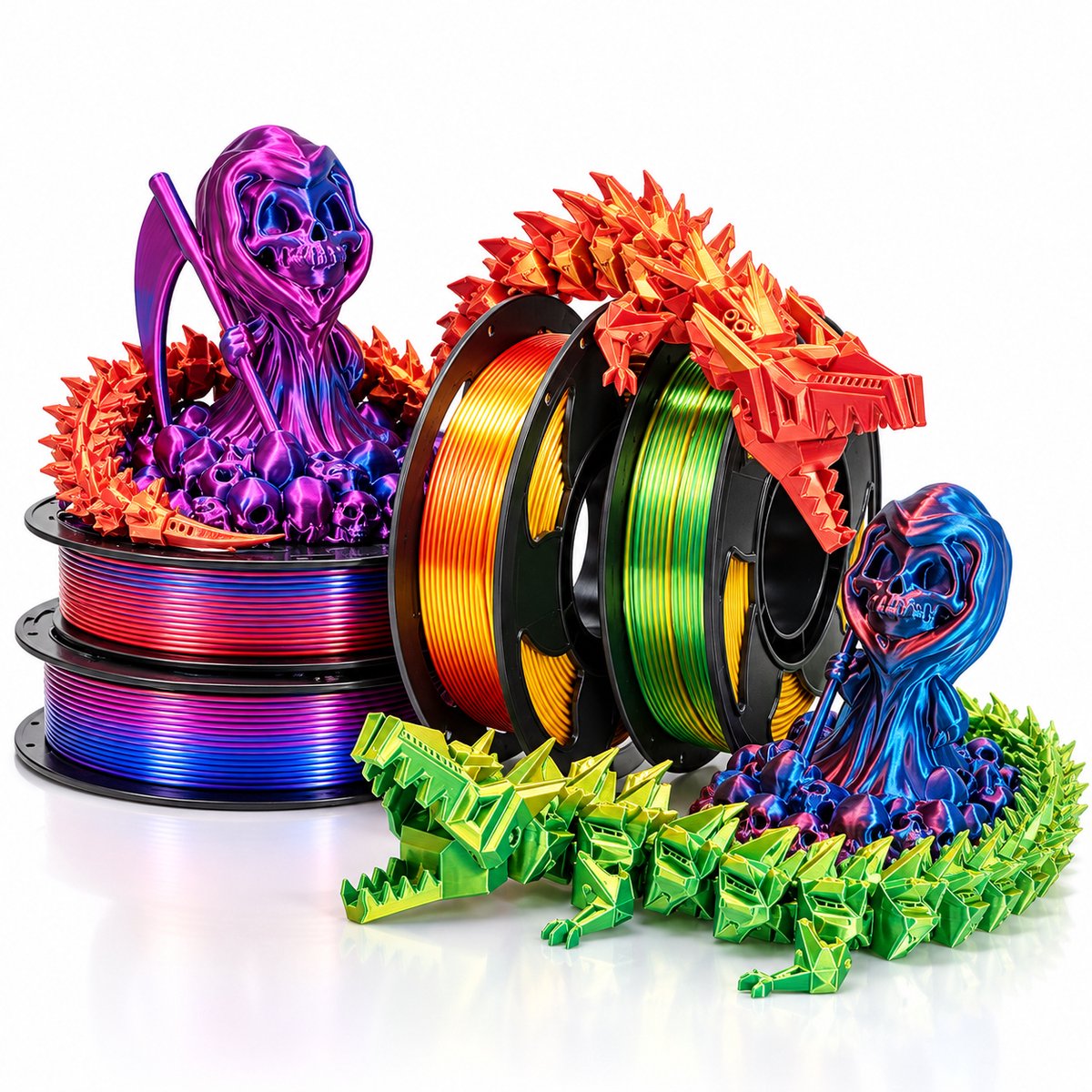 Tolvia PLA 3D Printer Filament Bundel - 4x 250g - 1.75mm Silk PLA Filament - Dual Color - Blauw/Rood, Blauw/Fuchsia, Goud/Groen & Goud/Rood - Geschikt voor FDM 3D-Printers