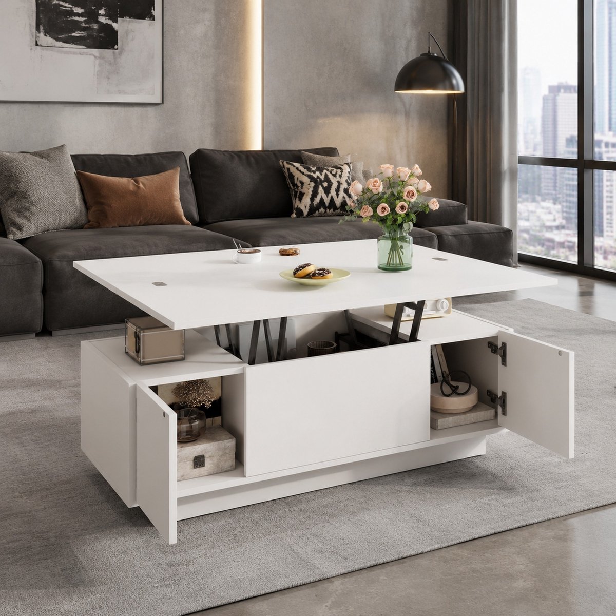 MEUNIQ Salontafel 100 x 50 x 43 cm met dubbel hefmechanisme, 2 verstelbare tafelbladen, verborgen opbergruimte en 2 deuren, wit