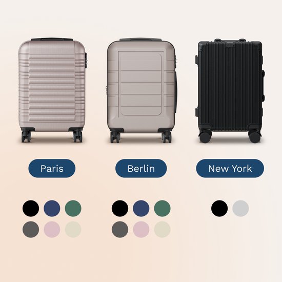 Drie koffers naast elkaar: Paris (roségoud), Berlin (lichtgrijs), New York (zwart). Kleuropties onderaan.