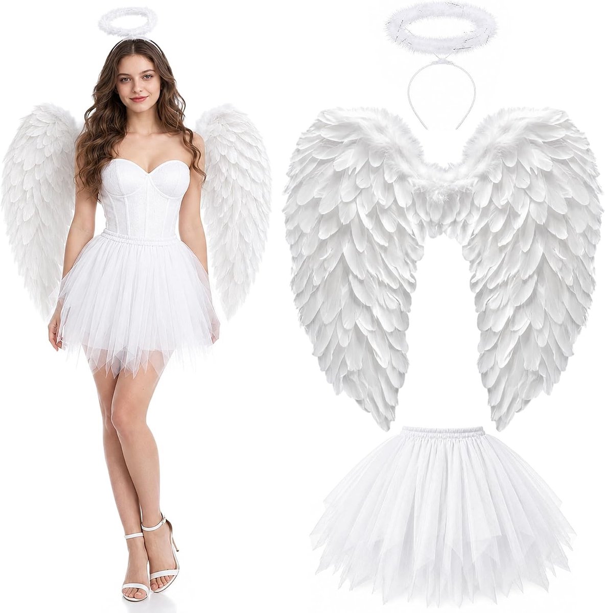 Volwassen Engel Kostuum met Vleugels, Tutu Rok en Halo voor Halloween en Feestjes, Perfect voor Vrouwen en Kinderen