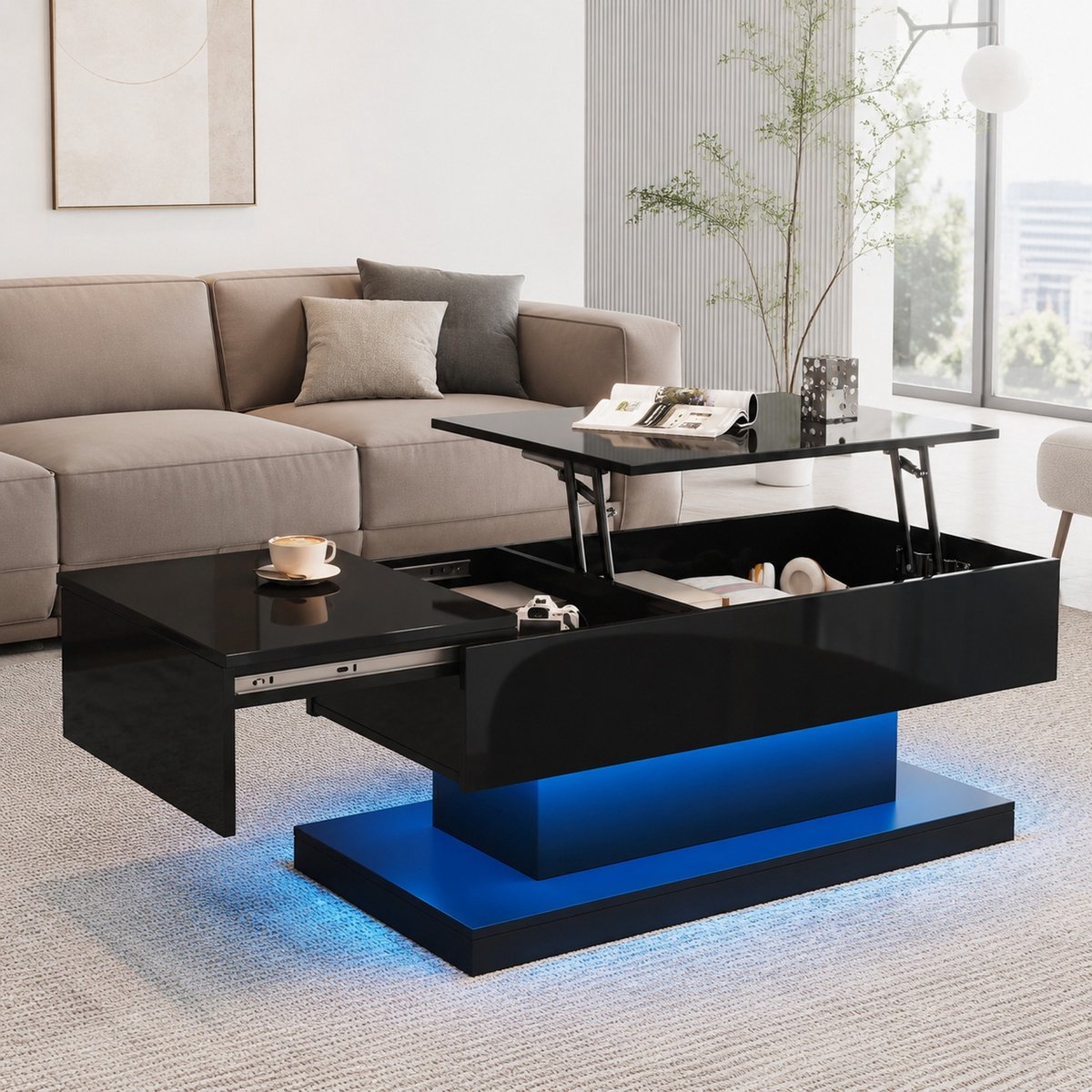 MEUNIQ Salontafel 100 x 50 x 45 cm met hydraulisch hefblad, zijwaarts schuifbaar tafelblad, LED-verlichting en opbergruimte voor de woonkamer, zwart hoogglans