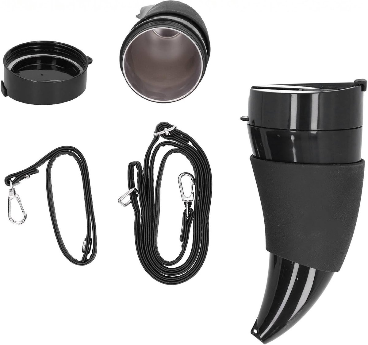 Isolerende RVS Koffiemok in Geweide Hoornvorm met Deksel en Verstelbare Schouderriem voor Reizen en Kamperen, 8oz (Zwart)