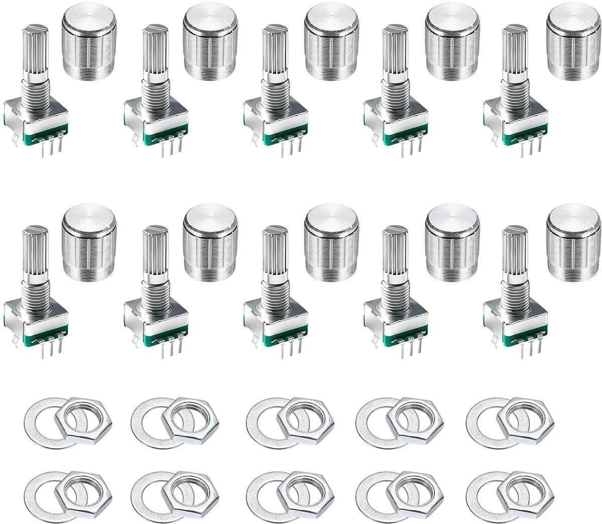 10 stuks EC11 Rotary Encoder Code Switch, 20 mm Full Shaft digitale potentiometer 5-pins met drukknop voor audio, doe-het-zelf, bediening, met knop van metaal, zilverkleurig