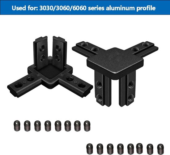 3-weg hoekverbinder voor 40x40 aluminium extrusieprofiel, zilver, Europese standaard, set van 4 met schroeven (zwart, 8 stuks) — afbeelding 2
