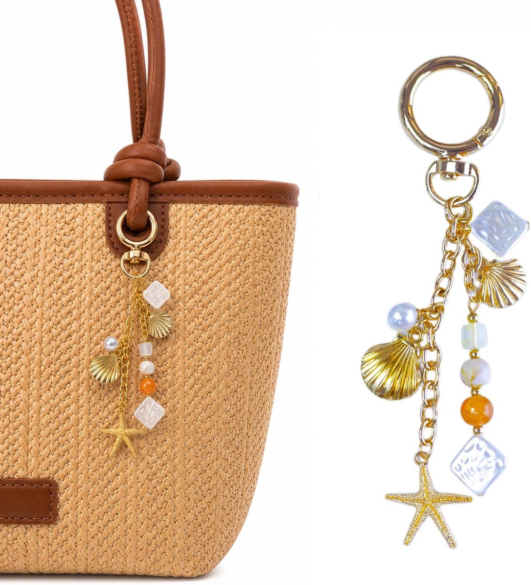 schelpen, strand, sleutelhanger met parels, tashanger, gouden schelp, zomerhanger voor handtas, oceaanhanger voor handtas, sleutelhanger, esthetiek, C